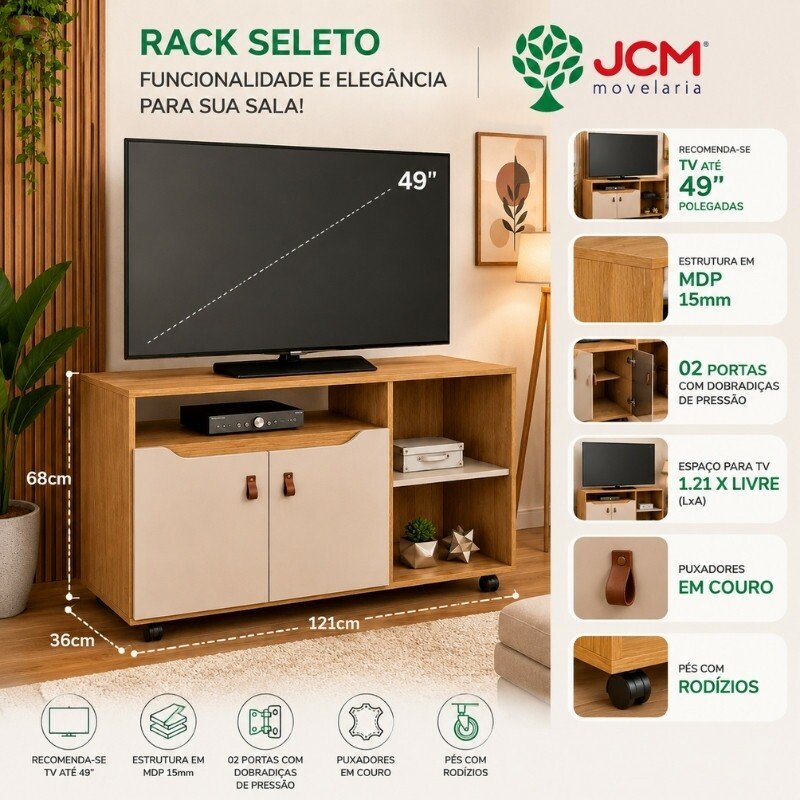 Rack Seleto Candian Larg. 1.21m Cinamomo/Off para TV até 49" - JCM - Imagem 5