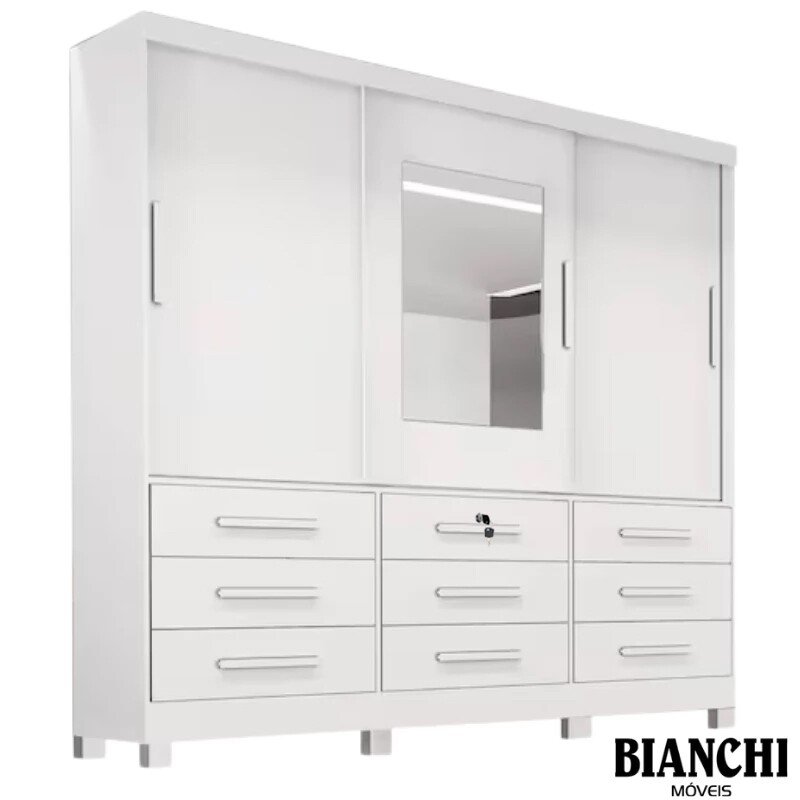 Roupeiro Athenas 3 Portas Branco C/ Espelho e Pés Larg. 1.80m - Bianchi