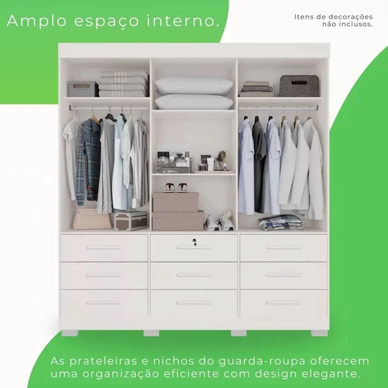 Roupeiro Athenas 3 Portas Branco C/ Espelho e Pés Larg. 1.80m - Bianchi - Imagem 2