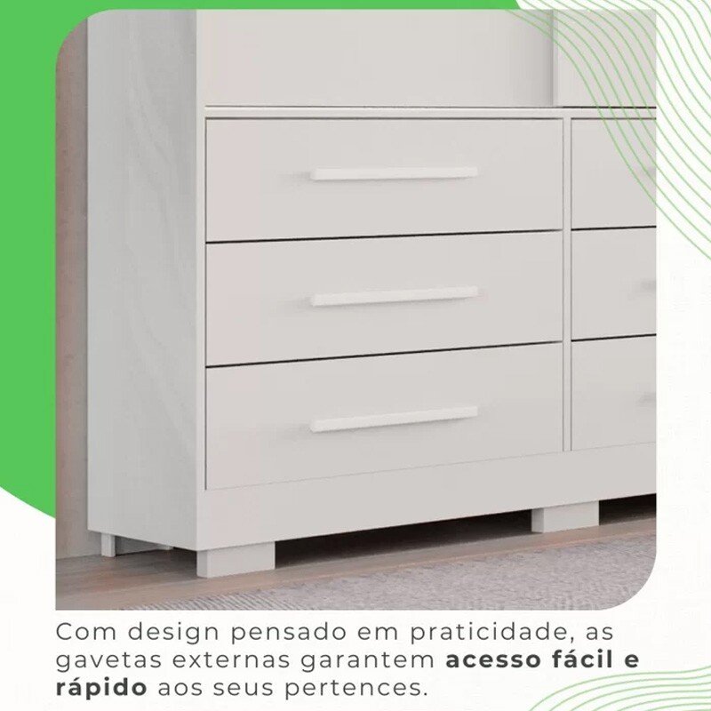 Roupeiro Athenas 3 Portas Branco C/ Espelho e Pés Larg. 1.80m - Bianchi - Imagem 3