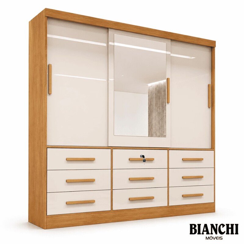 Roupeiro Turim Plus 3 Portas Nature/Off white 100% MDF Larg. 2.11 - Bianchi