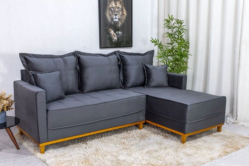 Sofá 3 Lug. Milão C/Chaise Lado Esquerdo Veludo Cinza 814 Larg. 2.30m - Molas Ensacadas