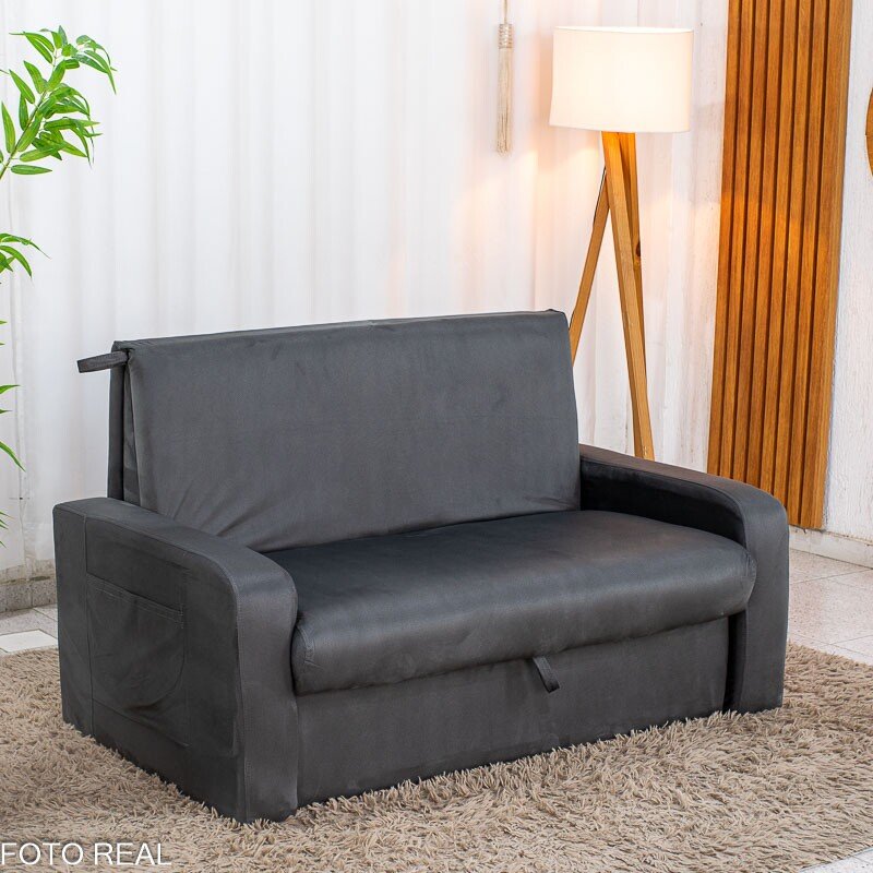 Sofá Cama Daiane Larg. 1.40m C/Baú Veludinho Chumbo 250