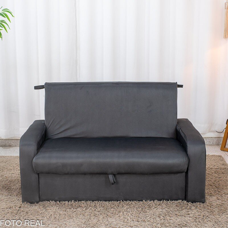 Sofá Cama Daiane Larg. 1.40m C/Baú Veludinho Chumbo 250 - Imagem 4
