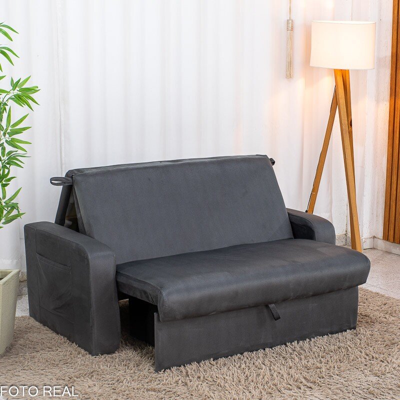 Sofá Cama Daiane Larg. 1.40m C/Baú Veludinho Chumbo 250 - Imagem 5