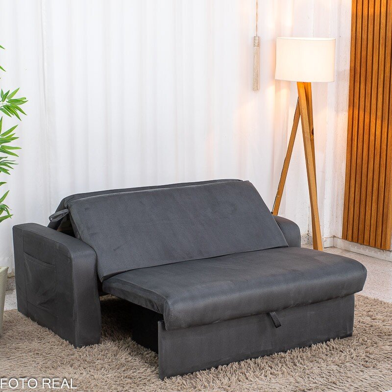 Sofá Cama Daiane Larg. 1.40m C/Baú Veludinho Chumbo 250 - Imagem 6