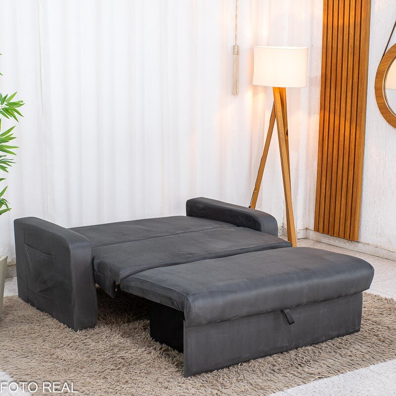 Sofá Cama Daiane Larg. 1.40m C/Baú Veludinho Chumbo 250 - Imagem 7