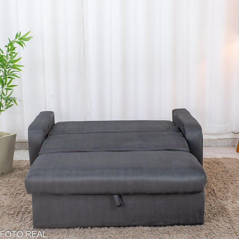 Sofá Cama Daiane Larg. 1.40m C/Baú Veludinho Chumbo 250 - Imagem 8