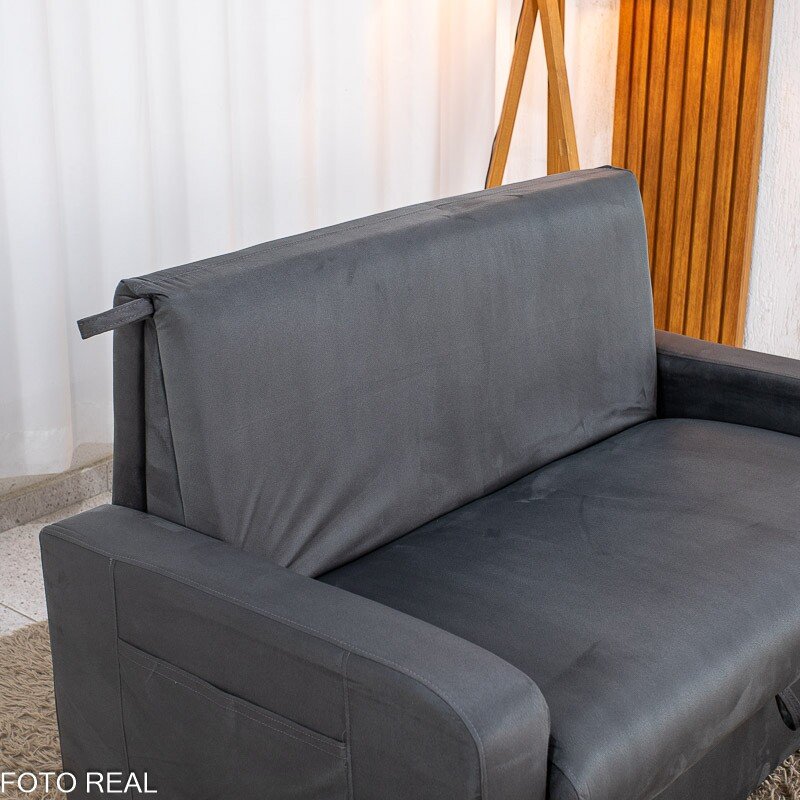 Sofá Cama Daiane Larg. 1.40m C/Baú Veludinho Chumbo 250 - Imagem 9