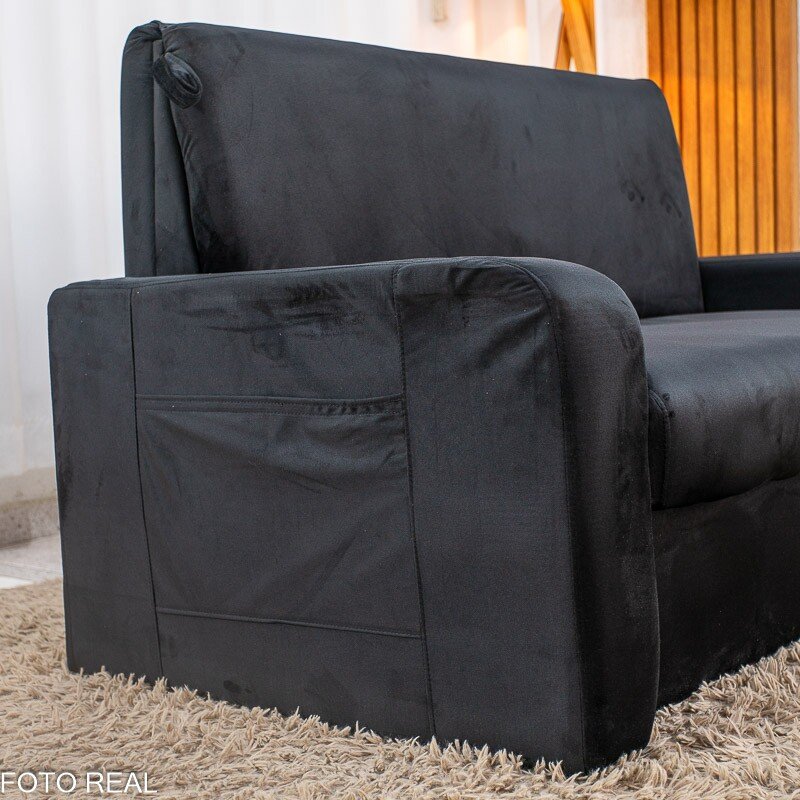 Sofá Cama Daiane Larg. 1.40m C/Baú Veludinho Preto 379/451 - Imagem 12