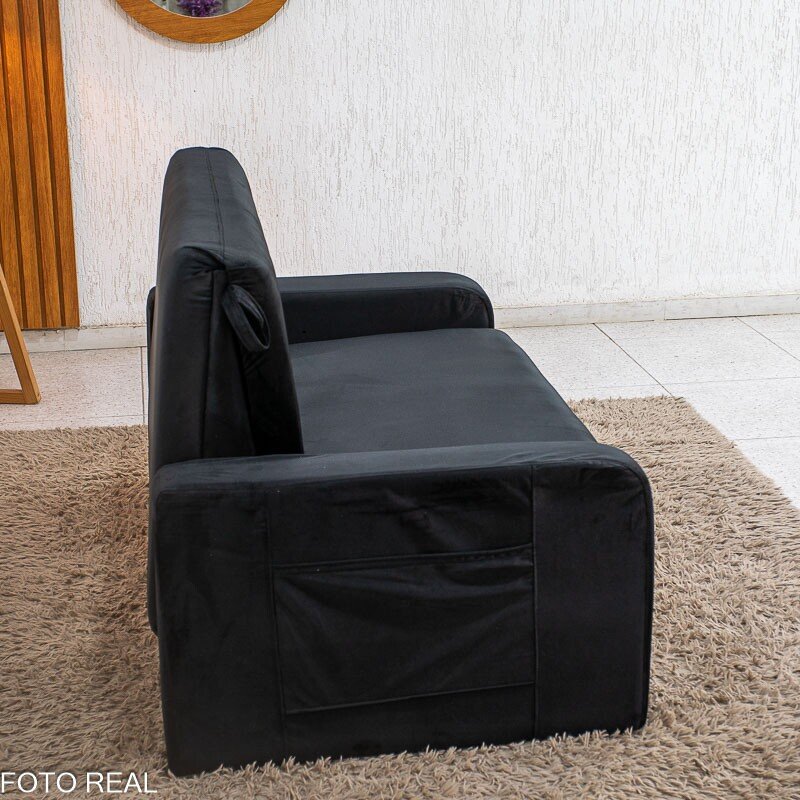 Sofá Cama Daiane Larg. 1.40m C/Baú Veludinho Preto 379/451 - Imagem 13
