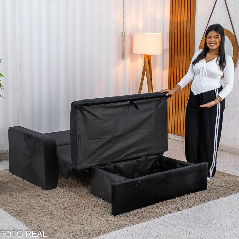 Sofá Cama Daiane Larg. 1.40m C/Baú Veludinho Preto 379/451 - Imagem 3