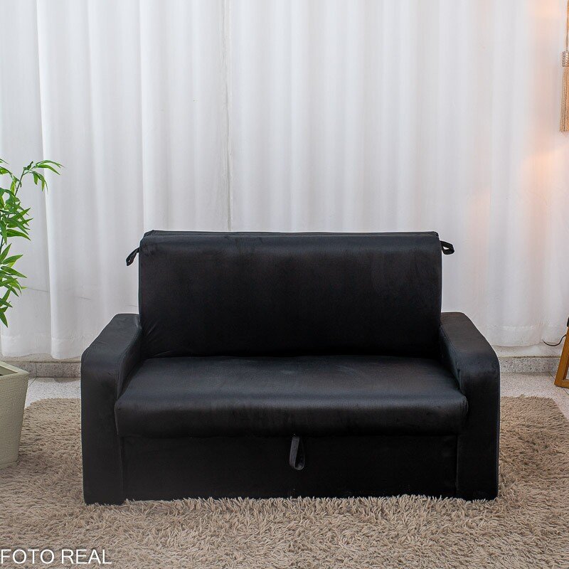 Sofá Cama Daiane Larg. 1.40m C/Baú Veludinho Preto 379/451 - Imagem 4