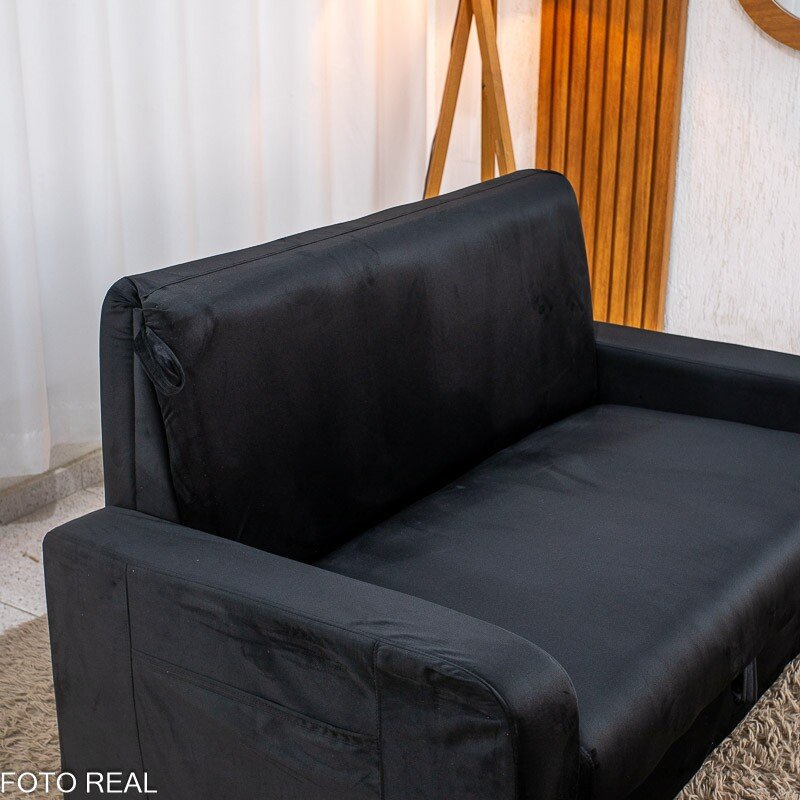 Sofá Cama Daiane Larg. 1.40m C/Baú Veludinho Preto 379/451 - Imagem 9