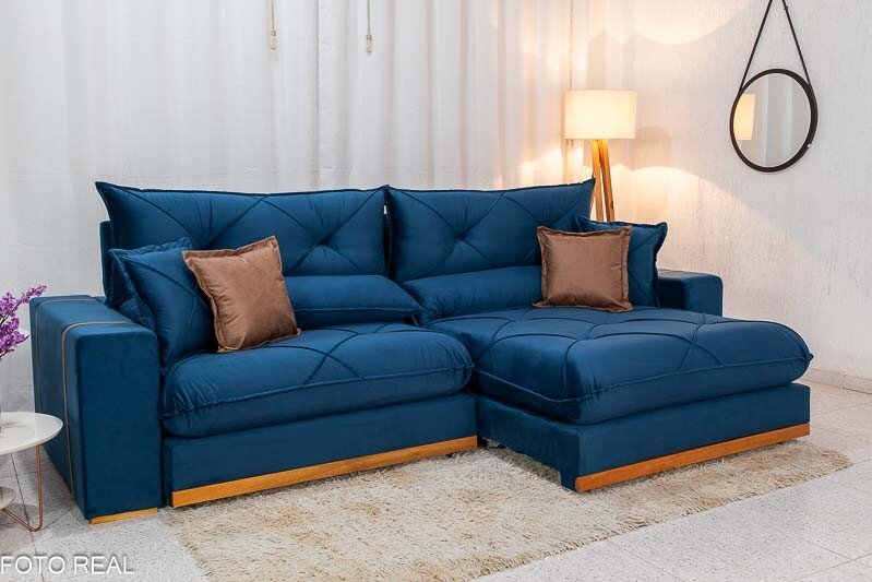 Sofá Retrátil Reclinável Gran Bello 2.90m Veludo Azul - Molas Ensacadas - Imagem 3
