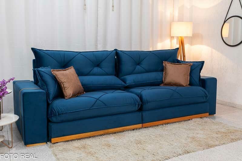 Sofá Retrátil Reclinável Gran Bello 2.90m Veludo Azul - Molas Ensacadas - Imagem 4