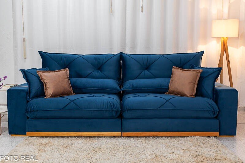 Sofá Retrátil Reclinável Gran Bello 2.90m Veludo Azul - Molas Ensacadas - Imagem 5