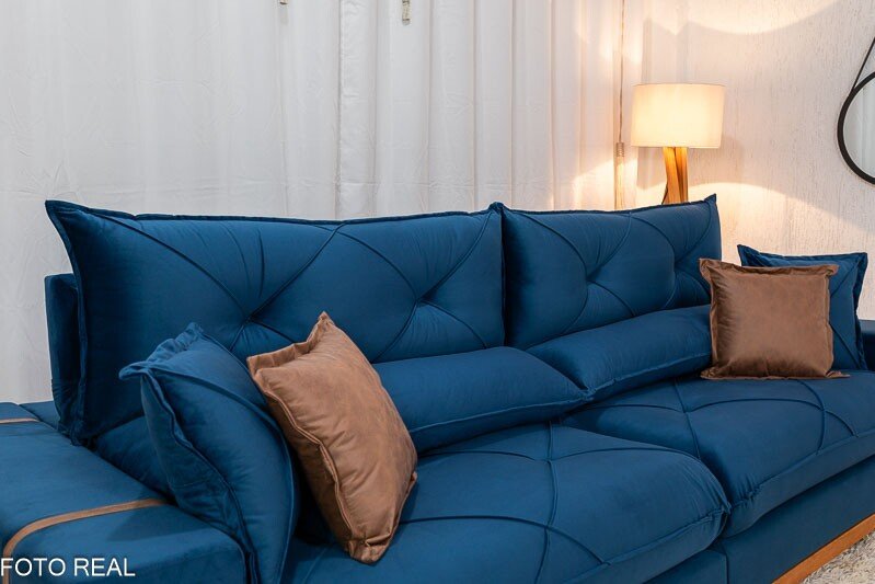 Sofá Retrátil Reclinável Gran Bello 2.90m Veludo Azul - Molas Ensacadas - Imagem 6