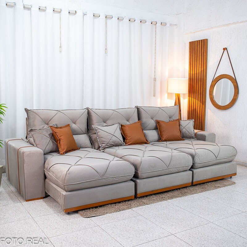 Sofá Retrátil Reclinável Gran Bello 3.20m Veludo Capuccino - Molas Ensacadas