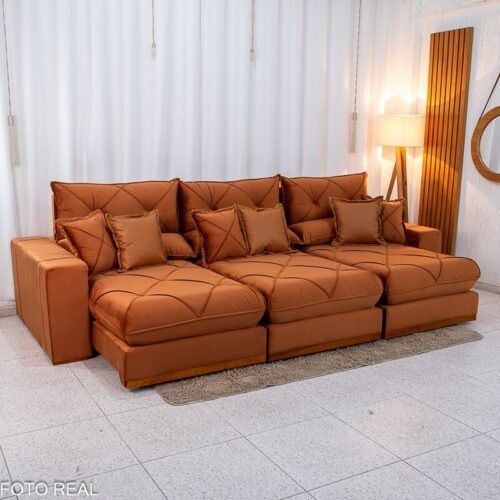 Sofá Retrátil Reclinável Gran Bello 3.20m Veludo Terracota 24 - Molas Ensacadas