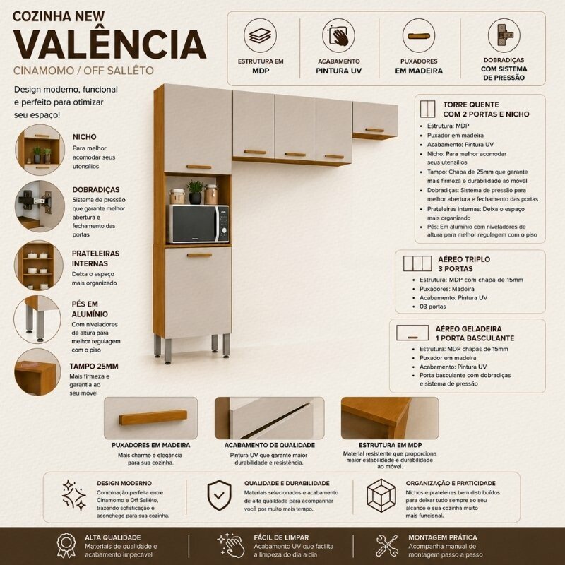 Aéreo Geladeira Cozinha New Valência Cinamomo/Off Larg. 71cm - Sallêto - Imagem 4