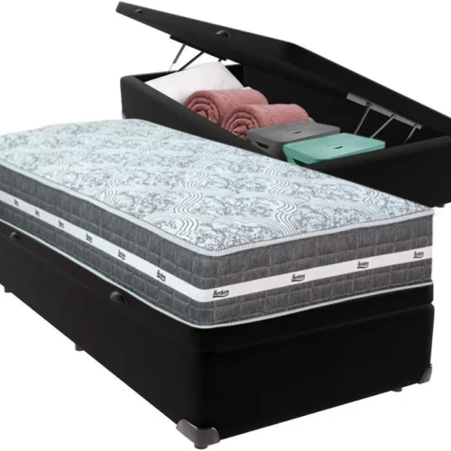 Cama Box Baú Solteiro Preto + Colchão Black Graphite 27 Molas Ensacadas Anjos