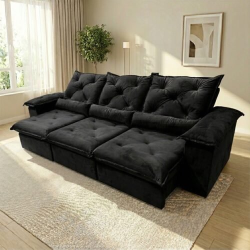Sofá Retrátil Reclinável Madri 2.70 Metros Tecido Suede Imperial – Preto