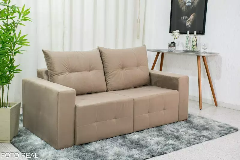 Sofá Retrátil 3 Lugares Havaí Larg. 1.80m Veludinho Bege IJ - Imagem 4