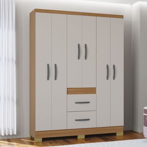 Guarda-roupa Solteiro 1,35m Milão Cinamomo/Off 6 Portas 2 Gavetas com Pés - Poquema