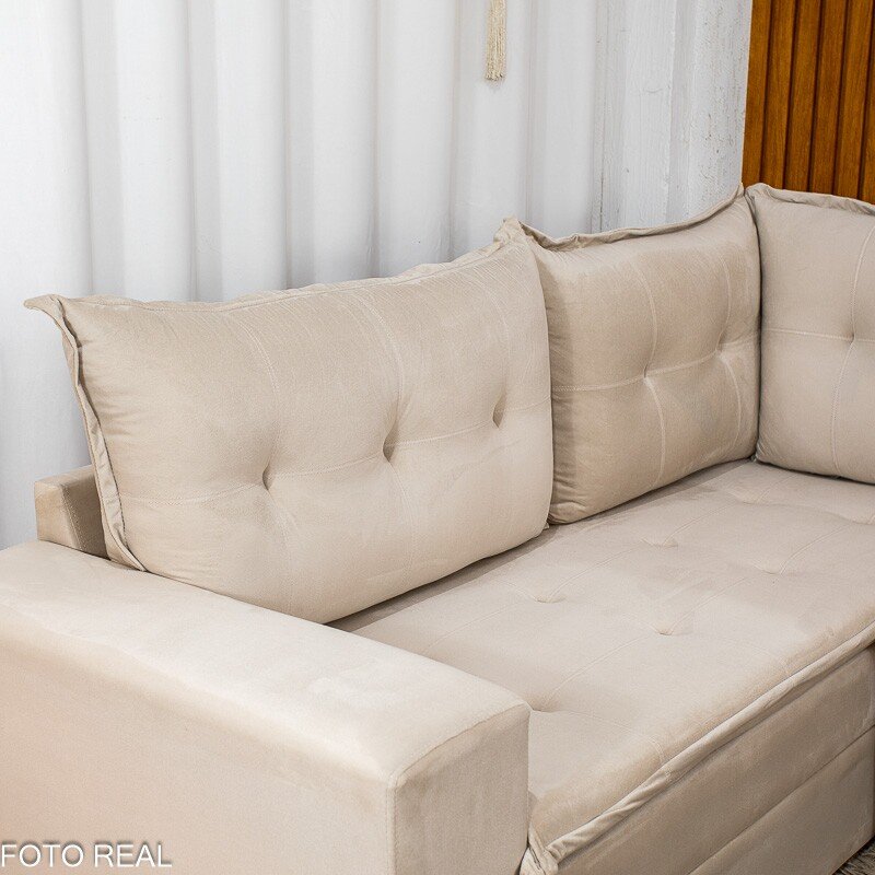 Sofá de Canto Atalanta 3.20 m Chaise Lado Esquerdo Veludo Bege 209/03 - Imagem 5