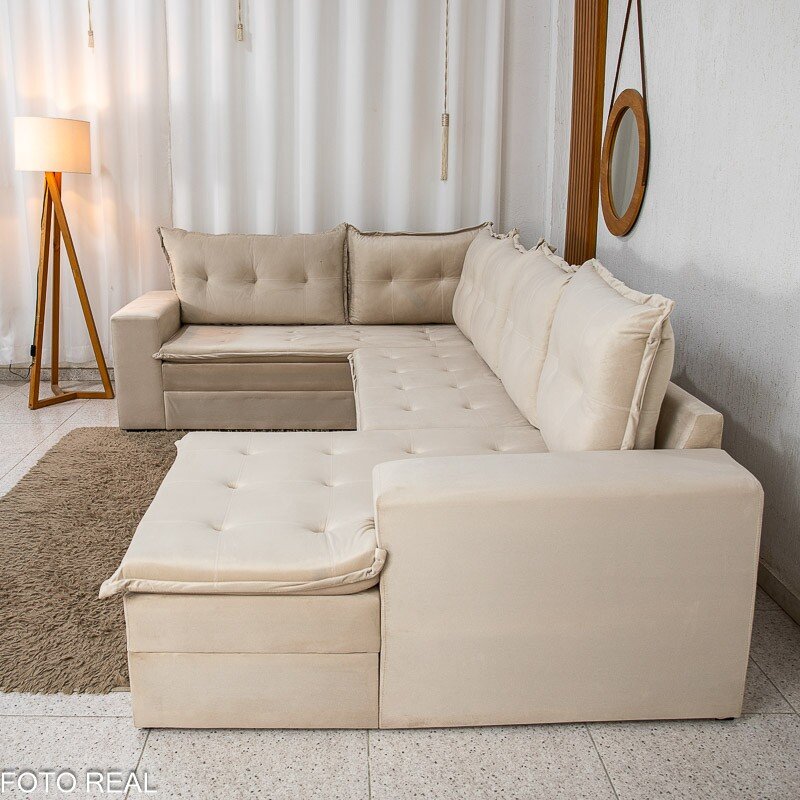 Sofá de Canto Atalanta 3.20 m Chaise Lado Esquerdo Veludo Bege 209/03 - Imagem 8