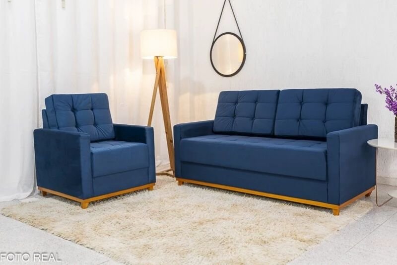 Sofá 3 Lugares Áustria + Poltrona Áustria Veludo Azul A16