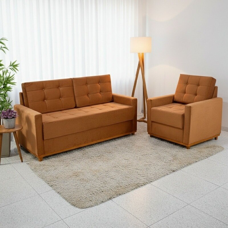 Sofá 3 Lugares Áustria + Poltrona Áustria Veludo Terracota A62
